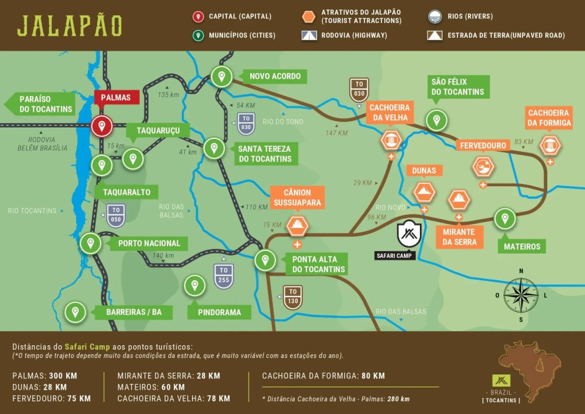Mapa do Jalapão com a localização do Safari Camp, as estradas de terra e as distâncias até os atrativos